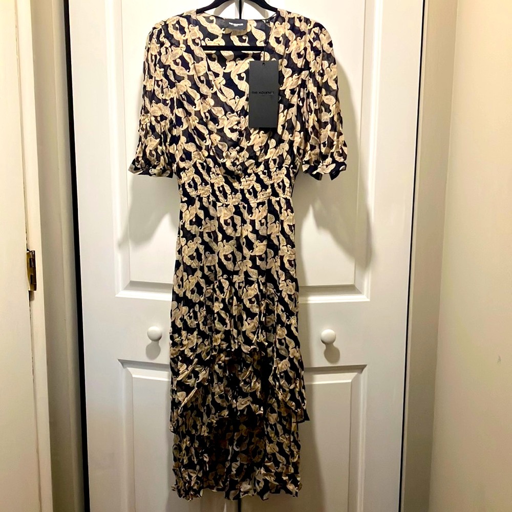 NWT The Kooples paisley gauze dress lined sz 2 Volute cashmere black &tan v-neck